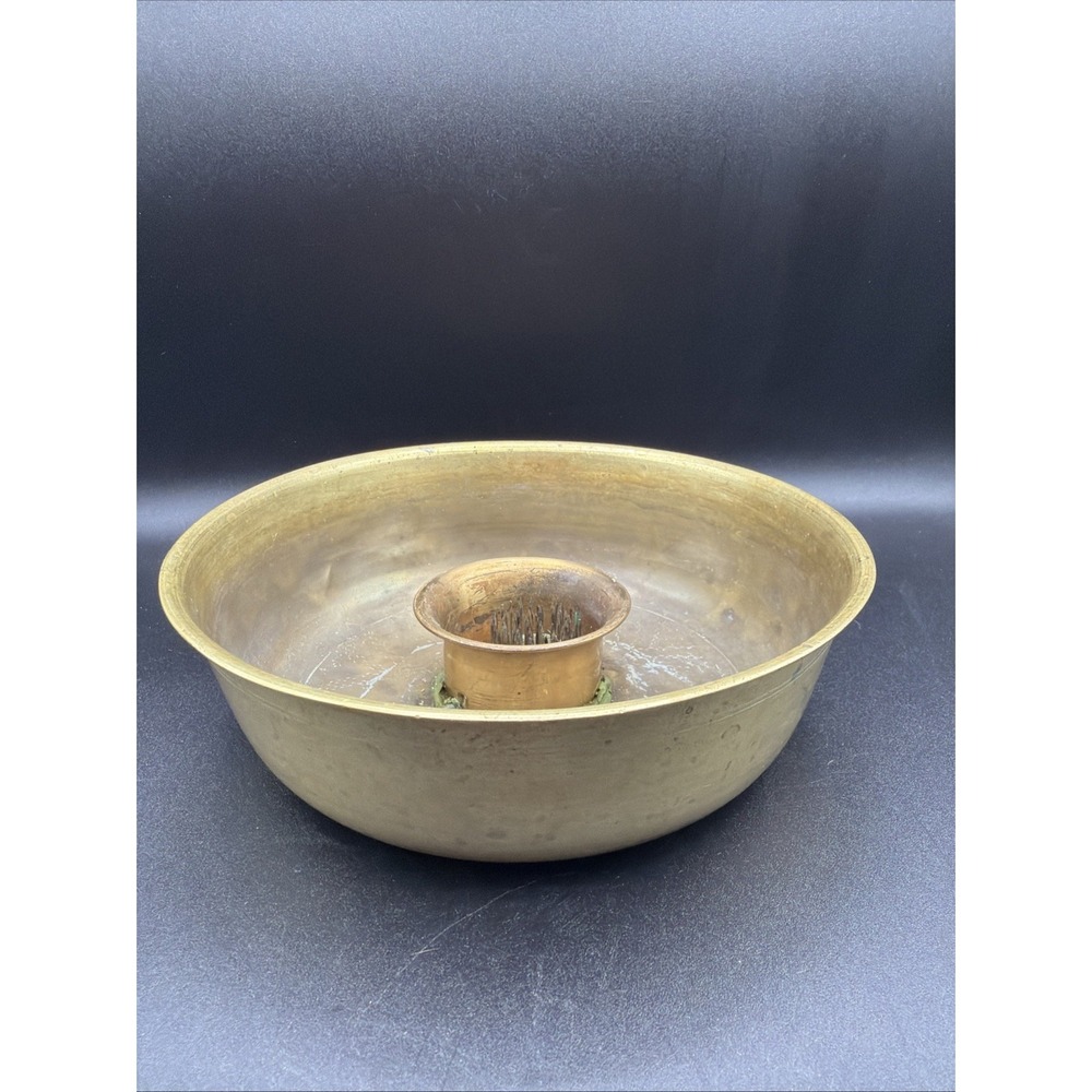 VTG Ikebana Heavy Brass Bowl Vase With Flower Frog 8" Wide